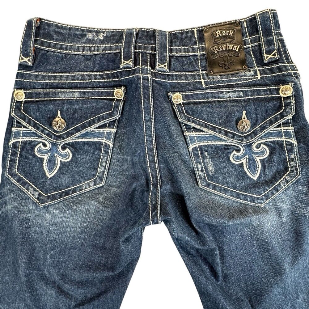 Rock Revival Sz 31x34 Kurt Straight Leg Jeans Distressed Blue Denim Fleur De Lis